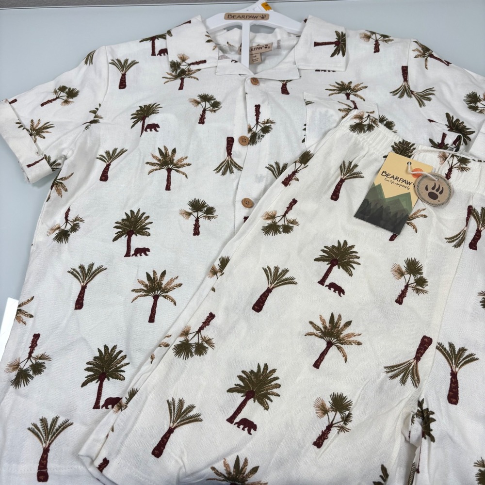 Bearpaw Boys Size M White Palm Tree Linen Blend Shirt and Shorts Set NEW